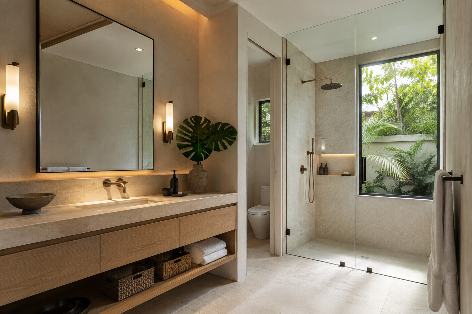 Limestone bathroom with oak vanity and glass shower