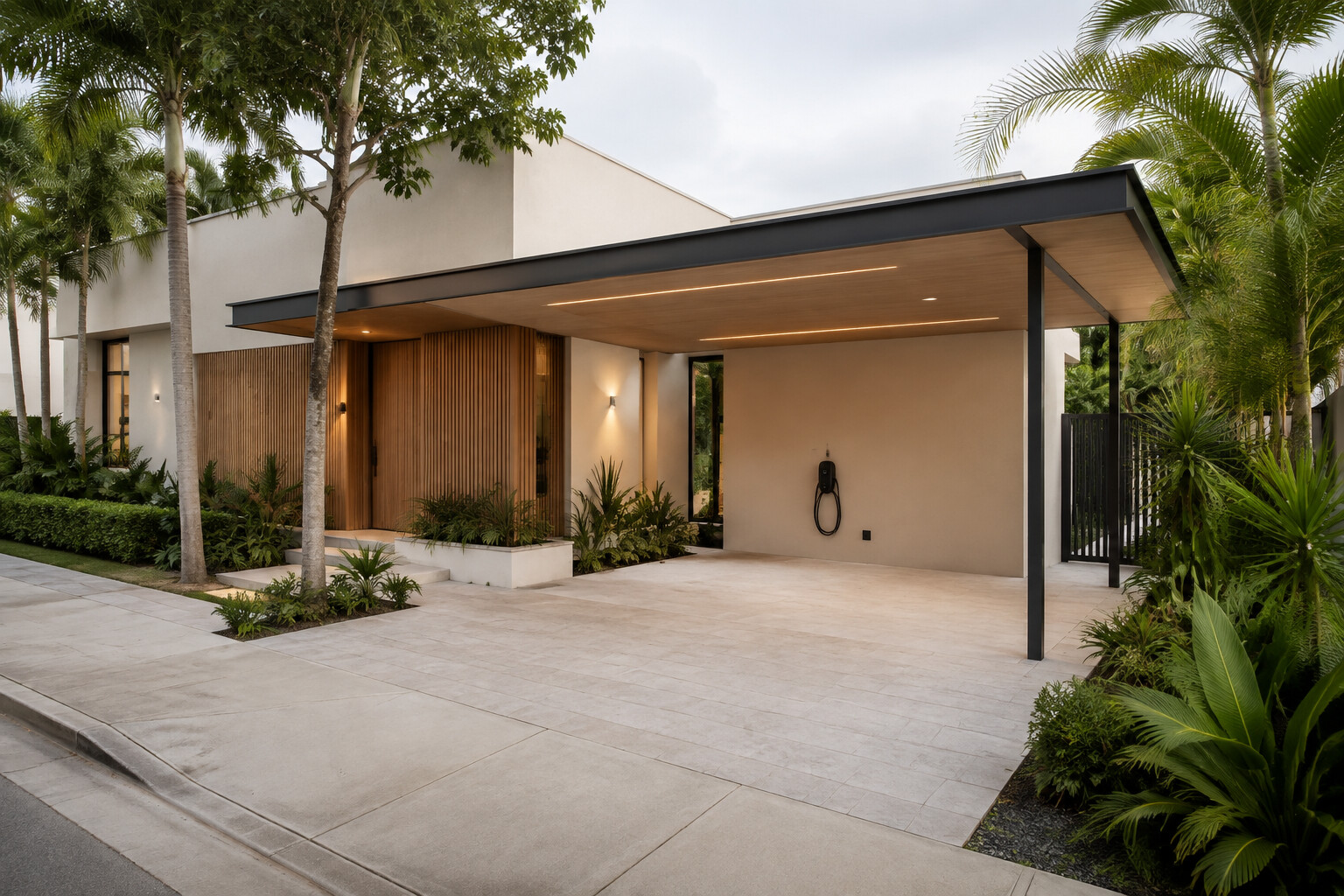 Attached single-vehicle carport in daylight