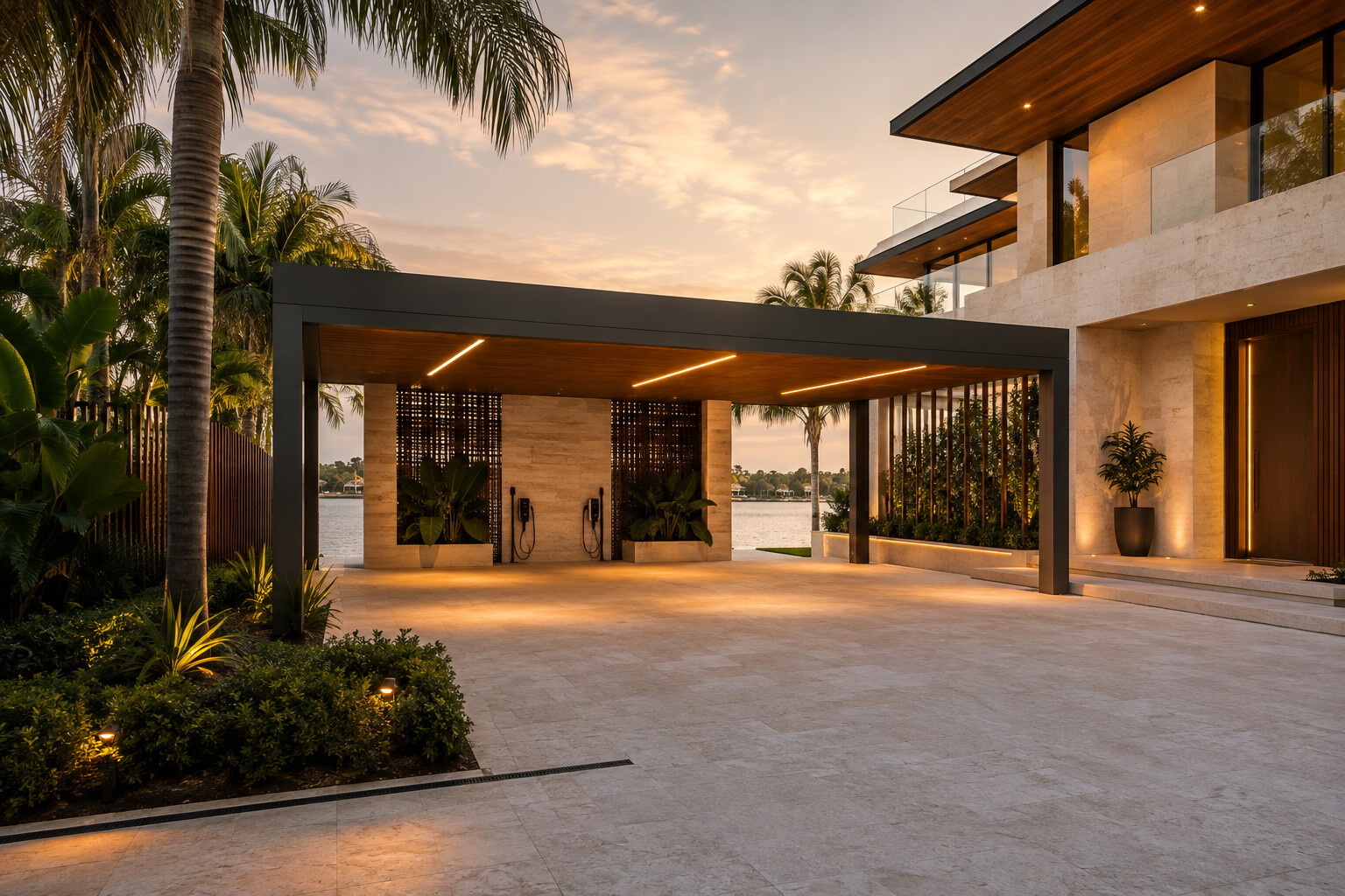 Two-vehicle waterfront carport with integrated lighting