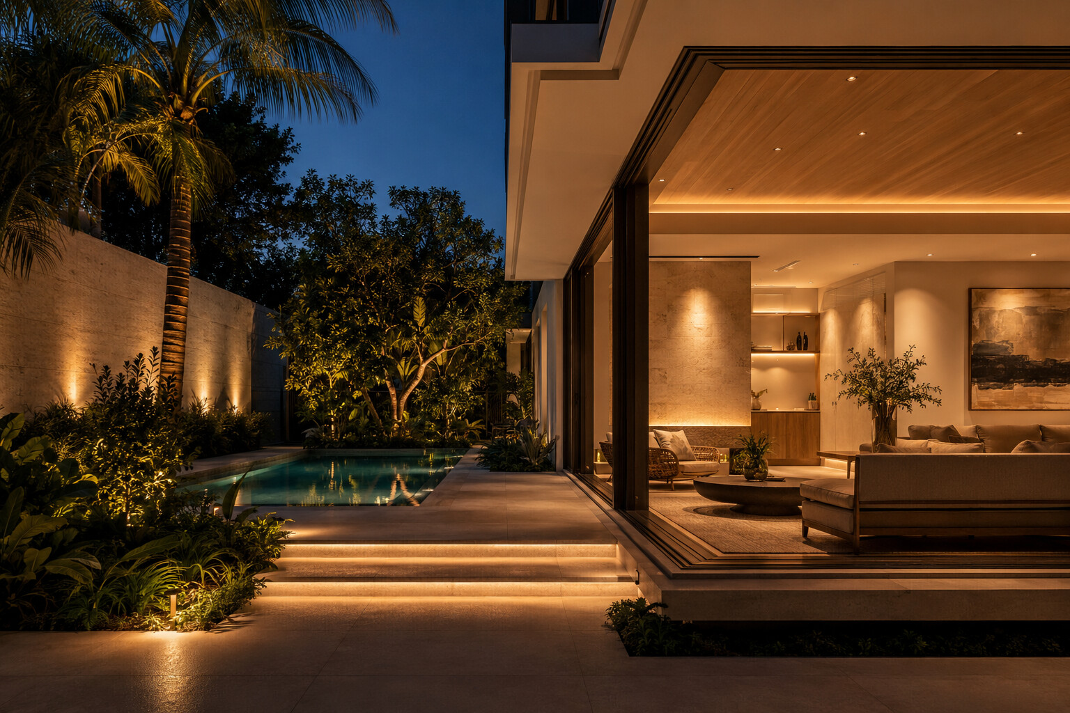 Architectural lighting around a tropical terrace and pool